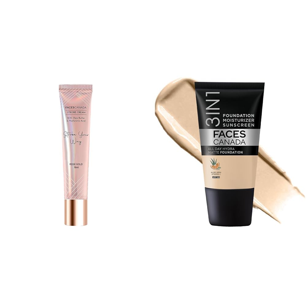 FACESCANADA Airbrushed Glow Full Combo - All Day Hydra Matte Foundation - Absolute Ivory 012 (18ml) + Strobe Cream - Rose Gold (18ml) | Illuminating & Glowing Makeup Base | 10HR Long Wear-picture-30