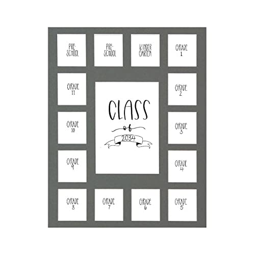 Image of Rustic Red Door Co. RRD Class of 2034 Photo Mat (11 x 14) - Photo Collage Picture Frames Mat for School Pictures School Picture Frame Pre-K to 12 Mat - No Frame Grey Photo Mat (15 Photos)