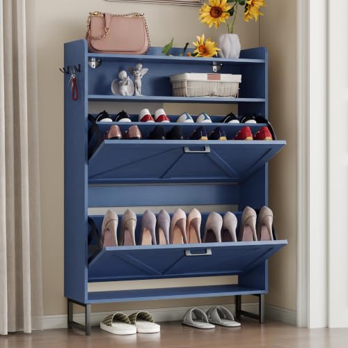 Image of BORNOON Shoe Cabinet with 2 Flip Drawers Narrow Shoe Storage Cabinet Organizer Wooden Freestanding Rack Hidden Slim Storage for Entryway, Hallway, Living Room, Bedroom