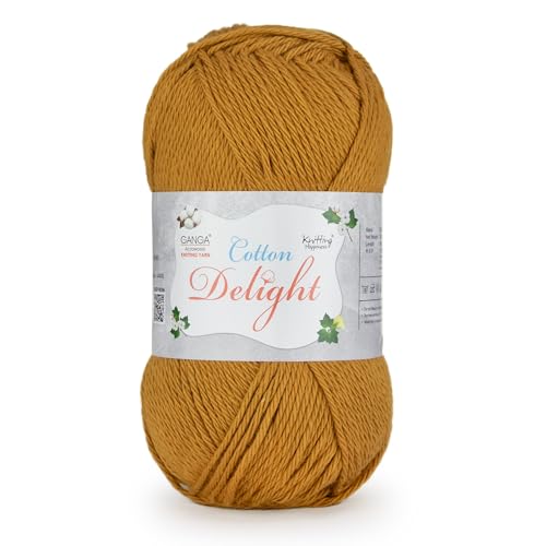 Image of Ganga Acrowools Cotton Delight, Dk Weight Cotton Yarn, Oekotex Class L Certified 100G, 169M, Pack of 1 Ball - 100gm Each, Shade No. - COD045 - Golden Brown