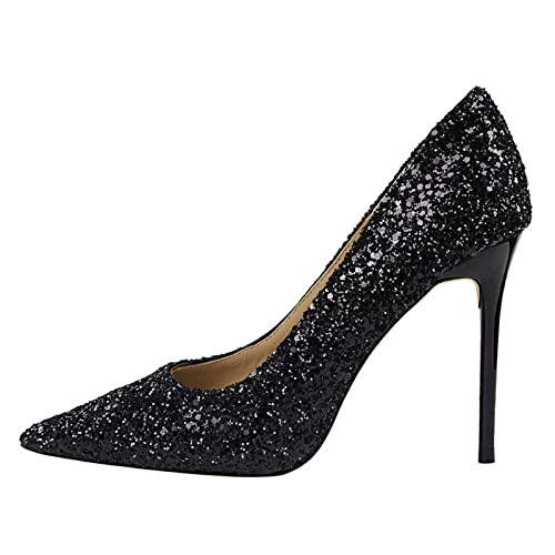 XIANGLV Escarpins à talons hauts sexy à bout pointu pour femme - Pour fête, bal de promo, mariage, occasion - Talons brillants - 8 cm, Noir , 39 EU Cover