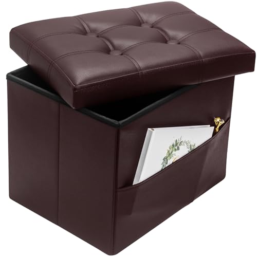 Bsketa Storage Ottoman Foot Rest Stool, Small Leather Storage Ottomans Bench, Folding Footstool with Side Pockets, Foot Rest Under Desk for Living Room Bedroom, 17x13x13 in, Brown