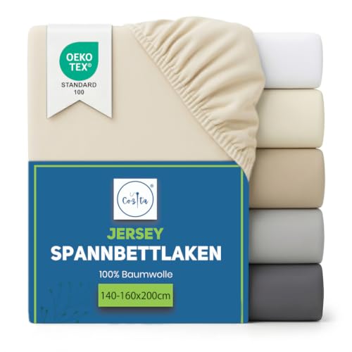 Cozita Basics Spannbettlaken 140x200cm - 100% Baumwoll Jersey Bettlaken, Öko-Tex Zertifiziert, bis 25 cm Matratzenhöhe – Natur – Ansicht 1