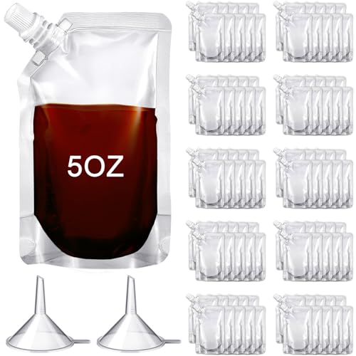 Seeloowy 100 Pcs Plastic Pouches Bulk Disposable Clear Juice Pouches Squeeze Salsa Leakproof Beverage Bags with Funnel for Adult Travel Outdoor Sports Concert(5 oz)