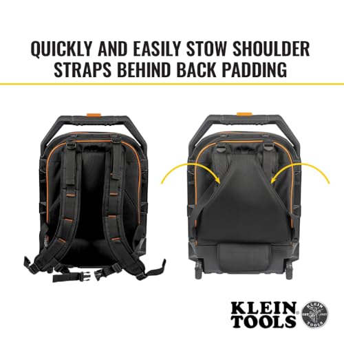 Klein Tools 55604 Rolling Tool Backpack, Tool Bag with 28 Pockets, Heavy Duty Retractable Handle, Large Storage Interior, 3-Inch Wheels