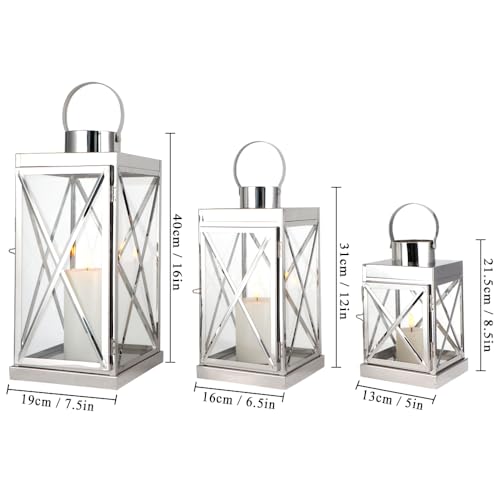 Image of TRIROCKS Silver Stainless Steel Lantern Set of 3-Square Elegance 8 /12 /16 Inch Opulent Metal Candle Lanterns Candle Holder with Tempered Glass for Christmas Home Garden Indoor Outdoor Decor Celebratory