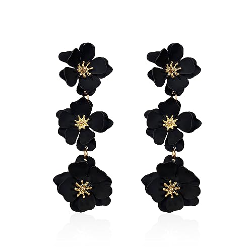 YUNXI Boho Metal Poppy Flower Dangle Earring Matte Painted Dual 3 Layer Tassel Fashion Bohemian Flower Floral Petal Tiered Drop for Women
