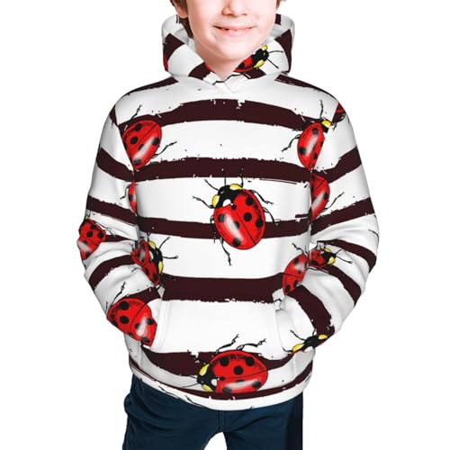 Ladybugs on Black and White Striped1 Kid Hoodies Boys Sweatshirts Girls Pullover with Pocket3