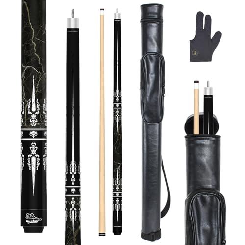 Pool Stick with Hard Case, 58-Inch 2-Piece Black Billiard Cue 21oz for Power Play, Low Deflection Maple Shaft & Unwrapped Grip