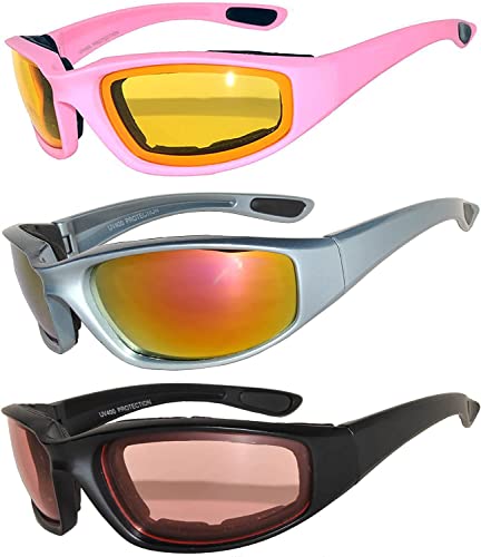 Image of OWL 3 Pack Motorcycle Riding Glasses, Padded Sport Sunglasses, Assorted Colors for Men and Women