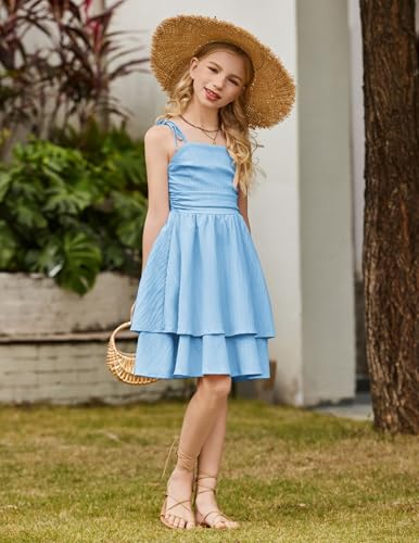 Arshiner Girls Summer Spaghetti Strap Dresses Flowy Tiered Ruched Smocked Back Casual Beach Midi Sundress - Image 6