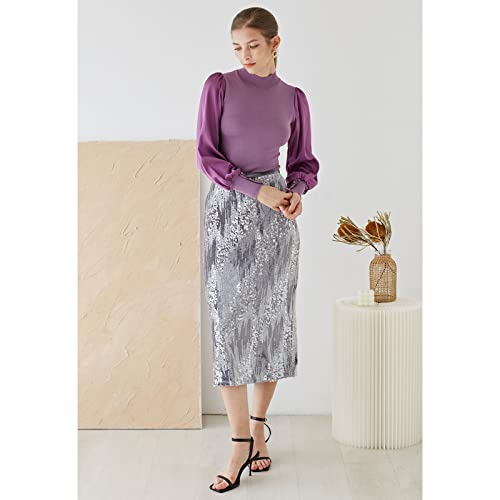 Image of CHICWISH Women's Mock Neck Satin Spliced Bubble Sleeves Knit Top