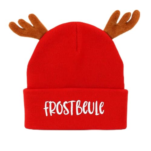 MC-Trend Gorro de invierno para hombre y mujer, divertido gorro de Navidad, color rojo con cuernos de reno, texto en alemán 'Frostbulle', sombrero completo y equipo de vino con texto en alemán, BOLSO