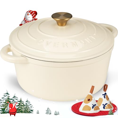 Overmont Pentola Ghisa Smaltata - Casseruola Forno Olandese Ghisa Antiaderente con Coperchio - Cocotte Rotonda per Pane Risotto Brasati Stufati adatta Induzione Gas - 26 CM 5,2L Bianco