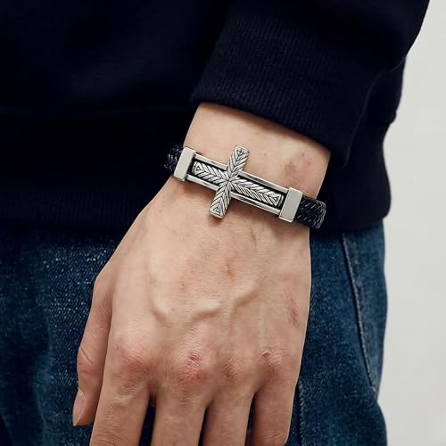 Image of THE MEN THING Leather Bracelet for Men - American Style Genuine Leather Multi-Layer Braided Bracelet with 100% Stainless Steel Magnetic Buckle for Men & Boys (8 inch)