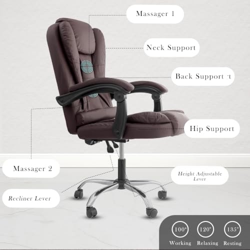 Image of NORMAN JR Italia Premium Leatherette Office Chair for Work | Boss Chair, Ergonomic Executive, Luxurious Cushioned Arms & Seat, 2 Point Back Massager, Heavy Duty Metal Base (Brown)