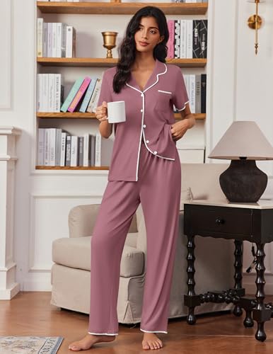 Image of Ekouaer Pajamas for Women Set Button Up Soft Pjs Short Sleeve 2 Piece Lounge Sets Comfy Sleepwear