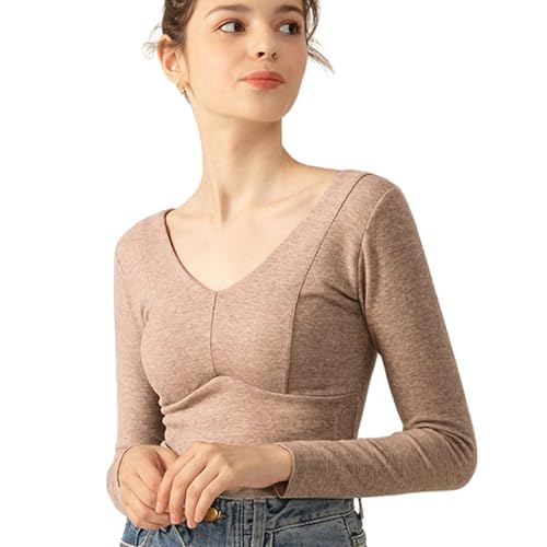 Derwrtup Ropa interior térmica para mujer, ropa interior térmica para mujer, ropa interior cálida de invierno | sujetador integrado, ropa interior gruesa de manga larga con cuello en V, parte