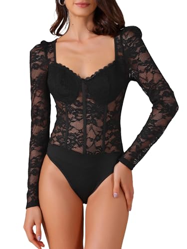 Corset à manches longues transparent Allegra K pour femme en tulle noir