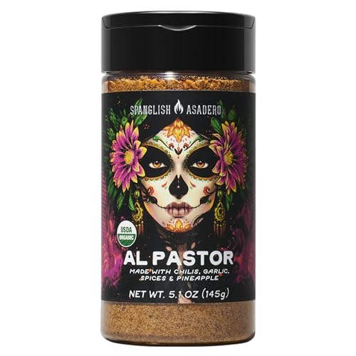 Spanglish Organic Al Pastor Seasoning, 5.1 oz, Sweet & Savory, Chili, Garlic & Pineapple Blend, Mild Heat, Perfect for Grilling Steak, Pork Chops, Chicken or Ground Meat, Gluten Free, USDA Organic