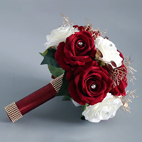 Artificial Bride Bouquets For Wedding, White Wine Red Simulation Artificial Roses Flowers Bouquet For Bride Church Home Wedding Decoration, 9 Inch #TOP4