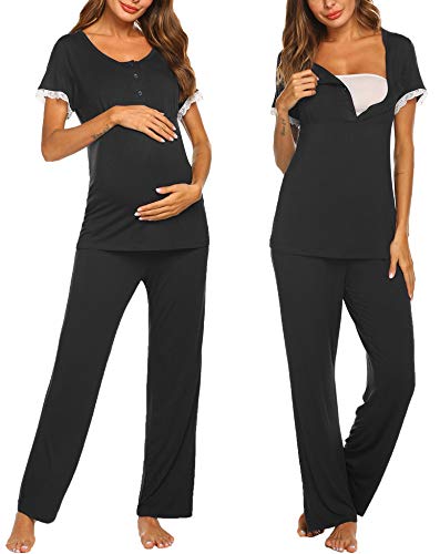 Ekouaer Pregnant Women Fashion Lace Trim Tops Adjustable Drawstring Pants Set Home Suit