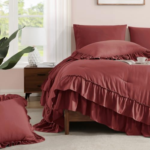 Image of King Size Comforter Set Syrah Red Ruffle 7 Pieces Farmhouse Bed in a Bag