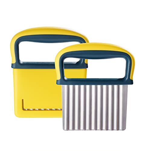2 Pcs Crinkle Cutter Knife, Potatoes Crinkle Fry Cut and Vegetable Cutter for Veggies, Stainless Steel Carrot Slicer Yellow
