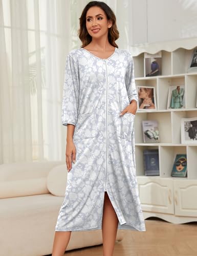 Image of Bloggerlove Zipper Front Robes for Women House Coat Half Sleeve Loungewear Long Nightgown with Pockets S-3XL
