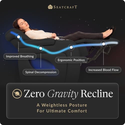 Image of Seatcraft Virtuoso LT Black Italian Leather Home Theater Seating, Zero Gravity Power Recliner, Powered Headrest and Lumbar Gaming and Home Office Chair, Heat and Massage Lounge Sofa, Row of 2