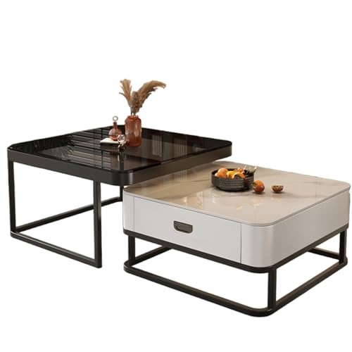Moderno juego de mesa de café estilo rústico con almacenamiento, mesa auxiliar pequeña blanca y marco de metal con parte superior de cristal, mesa de café con cajón para sala de estar, elegante y