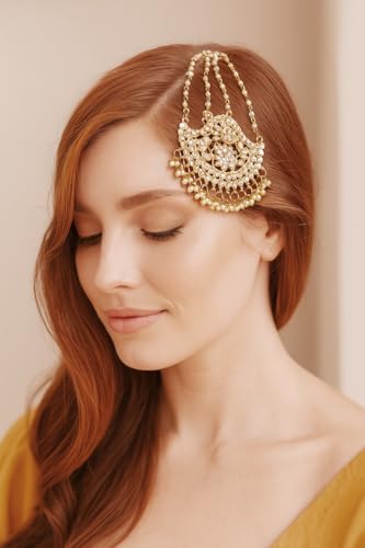 Touchstone Indian Bollywood Pretty Magical Floral Handcrafted Indian Mughal Kundan Look Faux Pearls Hangings Head Enhancing Bridal Designer Jewelry Jhoomer In Gold Tone For Women4