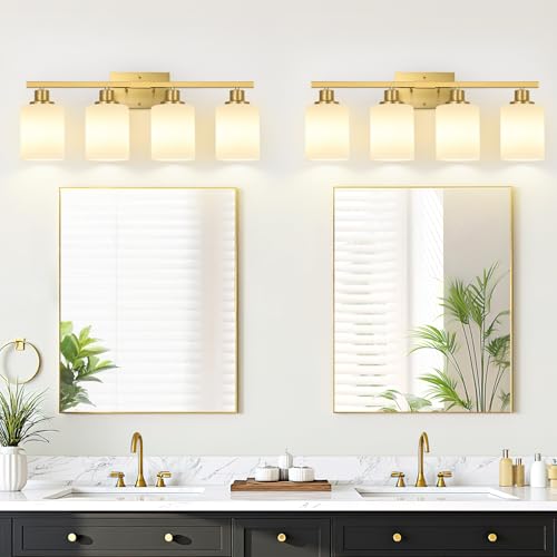 Image of MOKATNG 4-Light Bathroom Light Fixtures, Brushed Gold Vanity Light with Milky White Shades, Bathroom Lighting Fixtures Over Mirror, Modern Bathroom Wall Lamp for Mirror Living Room Cabinet Bedroom