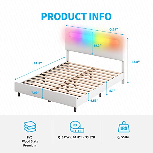 Mjkone Queen Size Bed Frame, Led Bed Frame With Smart Rgb Led Light Bar, Works With Alexa Or Apps, Platform Bed With Adjustable Lighting, Upholstered Bed Frames With Headboard, No Mattress, White #TOP1