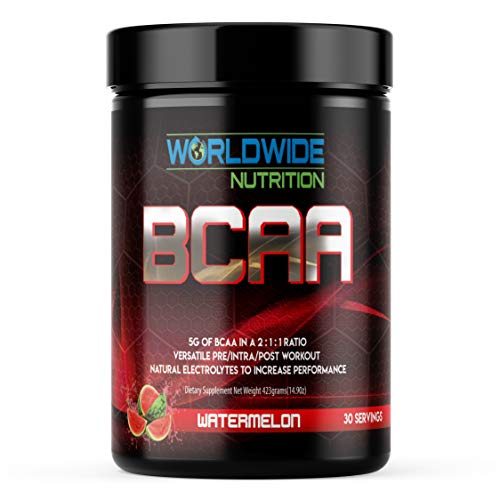 Worldwide Nutrition BCAA Powder, Branched Chain Amino Acids, BCAAs, 2:1:1 Ratio, Pre Intra Post Workout Supplement for Men and Women, Natural Electrolytes to Increase Energy, 30 Servings (Watermelon) Worldwide Nutrition BCAA Powder, Branched Chain Amino Acids, BCAAs, 2:1:1 Ratio, Pre Intra Post Workout Supplement for Men and Women, Natural Electrolytes to Increase Energy, 30 Servings (Watermelon)
