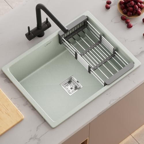 Image of LAPO Quartz Basin for Kitchen | 24x18 Inch Single Bowl Basin | Minimal Splash Noise & UV Protected Sink with Tap Hole | Sink with Drain Accessories and Basket | 3 Yrs Warranty (White Finish)
