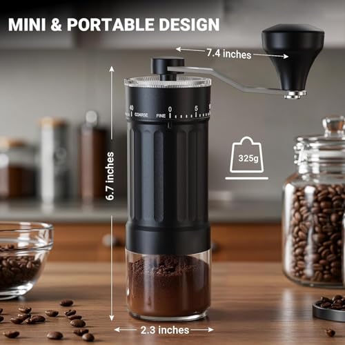 Image of Ash & Roh Manual Coffee Grinder with 40 Adjustable Grind Settings, Conical Ceramic Burr, Hand Crank Bean Mill with Glass Jar for Espresso, French Press & Travel