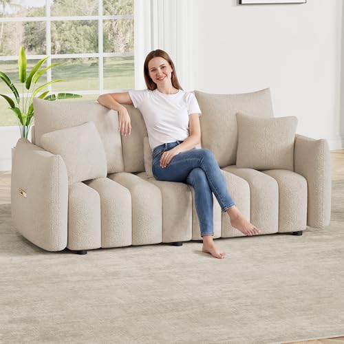 Image of OUYESSIR 81 inch Modern Sofa Couch, Comfy Upholstered Teddy Deep Seat Boucle Sofa, Modern 3-Seater Cloud Couch, Oversized Loveseat for Living Room Office Apartment, Light Brown