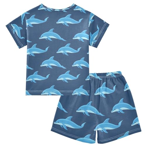 ALAZA Dolphin Navy Cartoon Pajamas Set Short Sleeve Cotton Sleepwear Summer Pjs 2 Piece 5-14Y2