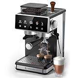 AMZCHEF Cafetera express con molinillo, cafetera espresso 20 bar para casa con vaporizador de leche, 3 niveles de temperatura, 20 ajustes de molienda, función de café frío y caliente, pantalla táctil