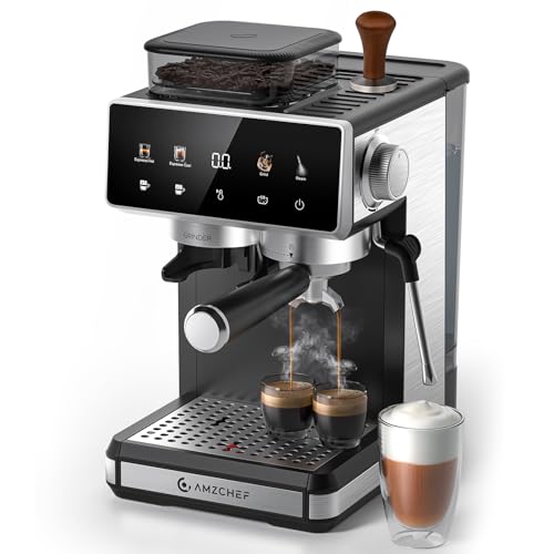 AMZCHEF Siebträgermaschine mit Mahlwerk, 20 Bar Espressomaschine für Zuhause mit Milchaufschäumer, 3 Temperaturstufen, 20 Mahlgrade, Kalt & Heißbrühung, Touchscreen Display
