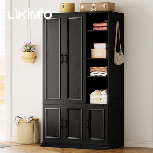 LIKIMIO Armoire Wardrobe Closet 70" H, 5 Doors Bedroom Wooden Wardrobe with 4 Storage Shelves and Hanging Rod, Clothing Storage Cabinet Organizer Combination, Black - Image 6