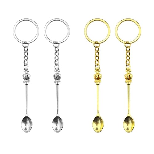 JKJF 4 llaveros con forma de cuchara de corona, cucharadita, collar, llavero, micro cucharas, vajilla, colgantes para especias y sales de arena, oro y plata, Medium, Metal