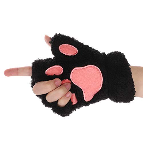 Mitones Mujer de invierno Guantes cálidos Guantes gruesos de felpa Guantes Gato lindo Oso de pata Guantes de esquí Confort suave Mitones Medio dedo con cuerda Cuello redondo (Negro)