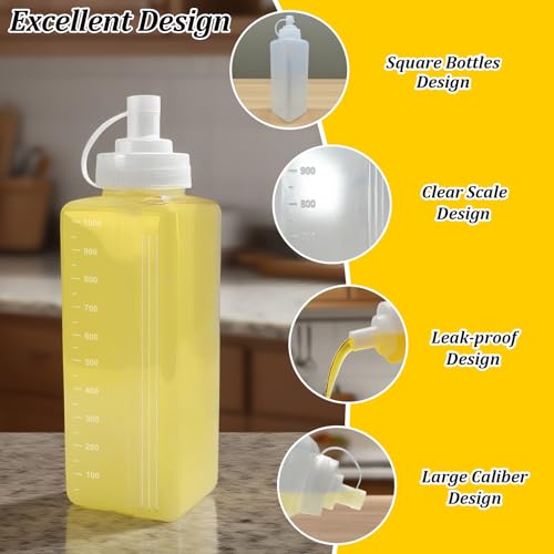 Sinofort 4 Pcs Sauce Bottle 32 Oz, 1000ml Plastic Translucent Squeezy Bottle With Nozzles, Squeeze Condiment Dispenser with Sponge Cleaning Brush and Funnel, for Ketchup,Sauces, Salad, Mayo,Olive Oil - Image 4