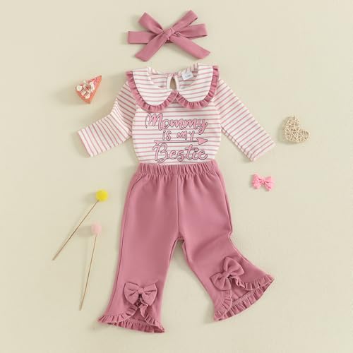 Baby Girl Clothes Mommy is My Bestie Long Sleeve Romper Shirt Flare Pants Cute Fall Winter Outfits+Headband2