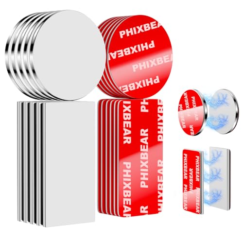 Image of PHIXBEAR 10 Pack Neodymium Rare Earth Magnets Heavy Duty, Magnets with Strong Double Sided Tape, Scratch-Free Magnetic Strip for Cabinet Door, Fridge, DIY - (0.79 inchx1.58 inch & 1.18 inch Round)