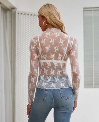 siliteelon Lace Tops for Women Mesh Long Sleeve Top Sheer Lace Shirt Floral Mock Neck Party Club Lace Undershirt3