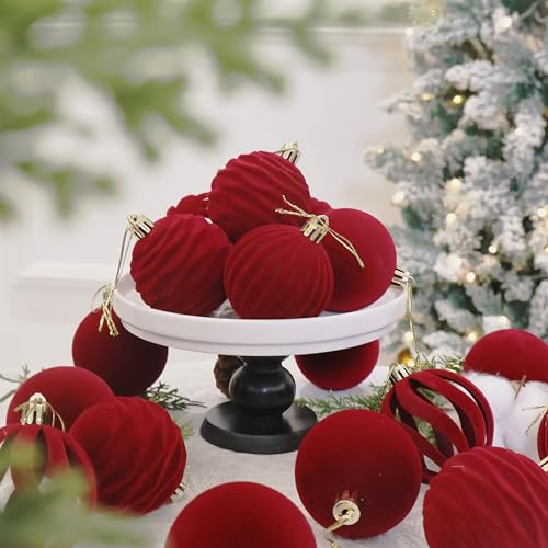 Image of 20pcs Red Velvet Christmas Ornaments Set,2.36In Burgundy Flocked Ornaments