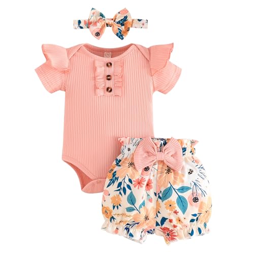Image of GDTOGRT Baby Girl Clothes Newborn Infant Outfit Ruffle Romper and Short Pants Clothing Sets for Summer Spring